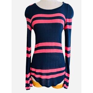 WHETHERLY Wm M Pink/Navy Stripe Scoop-neck Long Sleeve Pullover 100% Rayon Tee